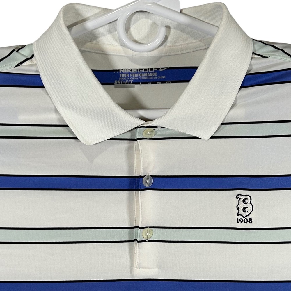Nike Golf Tour Performance Mens 2XL White Blue Striped Dri-FIT Polo 508326-101